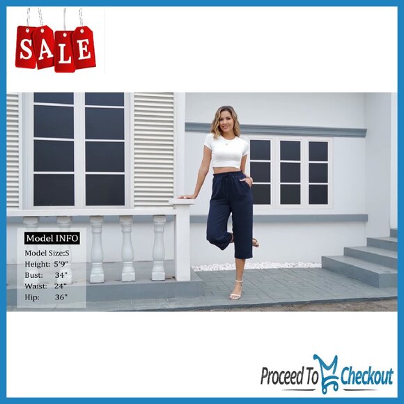 High Waist Wide Leg Capri Pants Drawstring Casual Lounge Palazzo Trousers - Picture 8 of 8